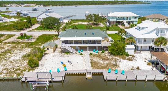Aerial view of Sunny Side Up waterfront vacation home with a private dock and kayaks near Pensacola