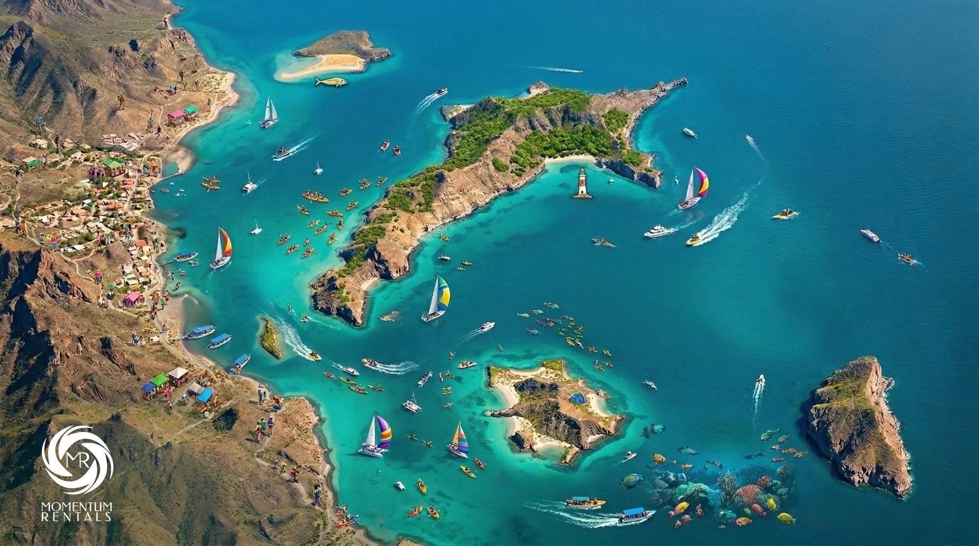Aerial illustration of Loreto Bay Marine Park showing islands, sailboats, kayakers, and turquoise water